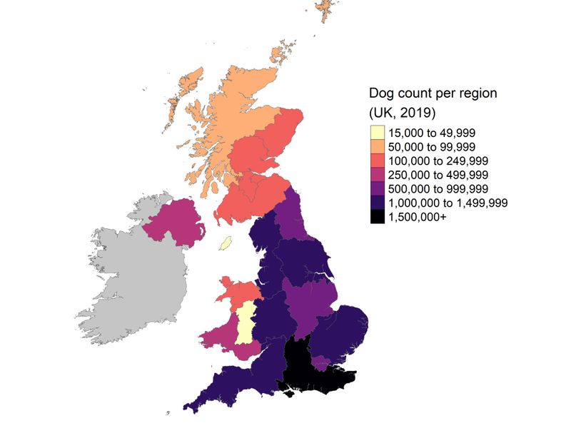 A map of the UK showing the dog population density for each region