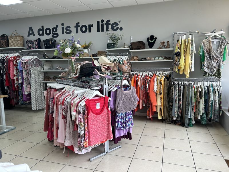 Inside the Welwyn charity shop, a shop floor with lots of clothes of racks and clothes rails