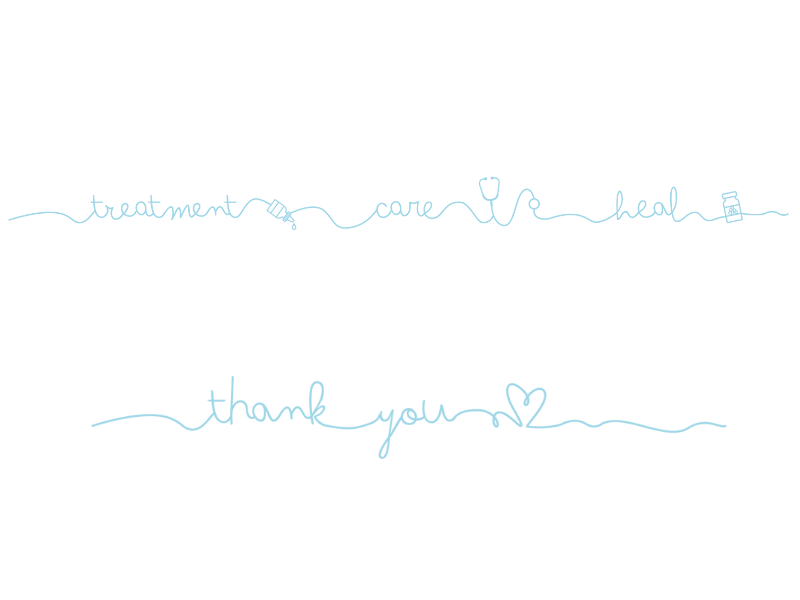 Blue squiggly writing in the bottom left corner reads care, treatment and heal and underneath some moreblue squiggly writing that reads thank you with a heart