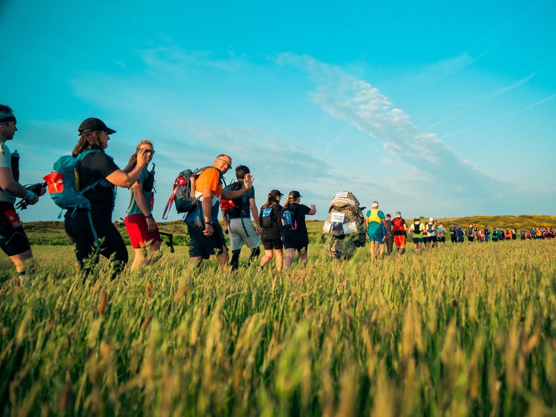 a long line of people walking through a grassy field