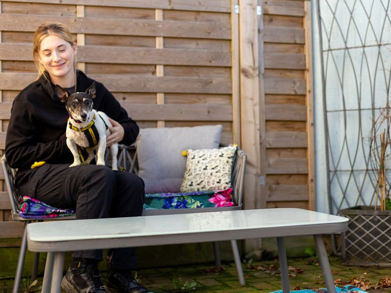 Elizabeth holds a terrier on a bench in the garden of Oakfield Oldies Dogs home