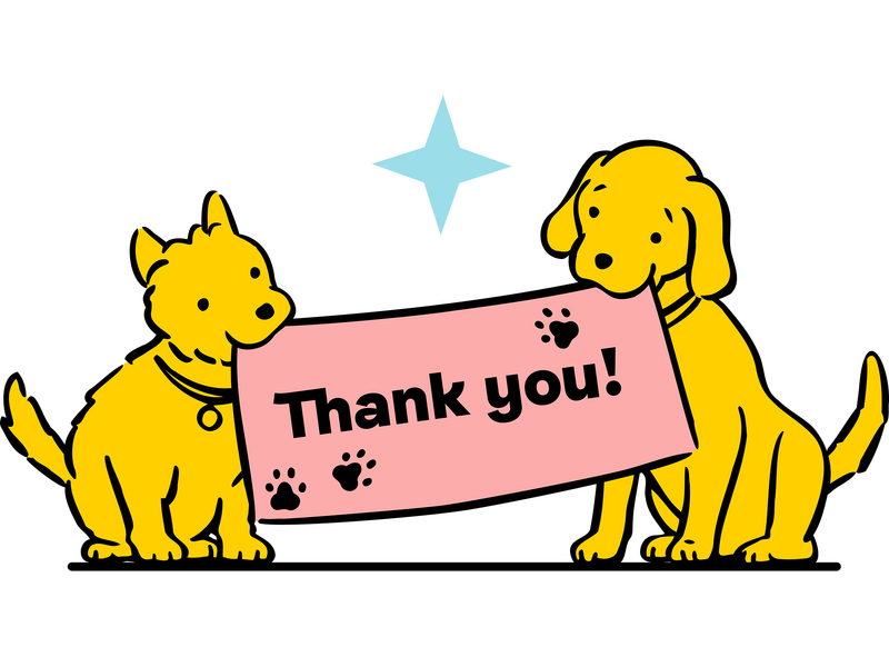 Illustration of two yellow dogs holding up a banner that says thank you
