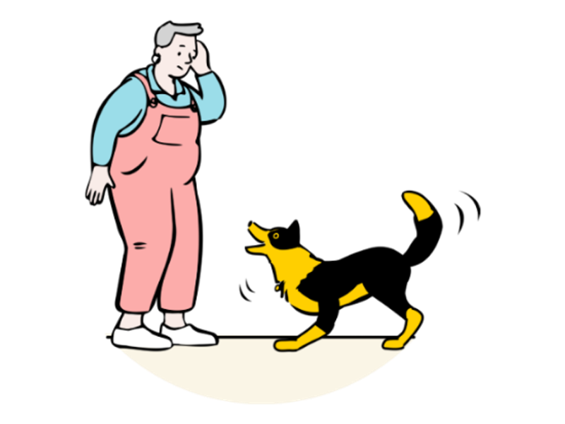 Illustration of a lady owner wearing pink dungarees, looking down confused at her yellow and black barking german shephered