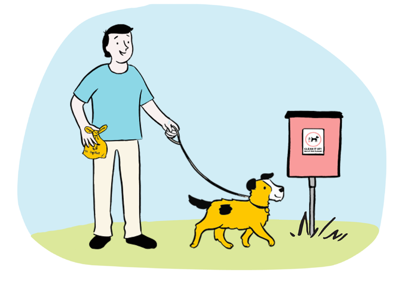 Illustration of a owner walking his dog and holding a poo bag near a poo bin