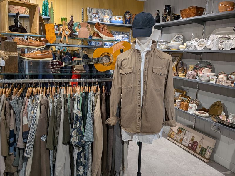 wells charity shop area with clothing racks and shelves