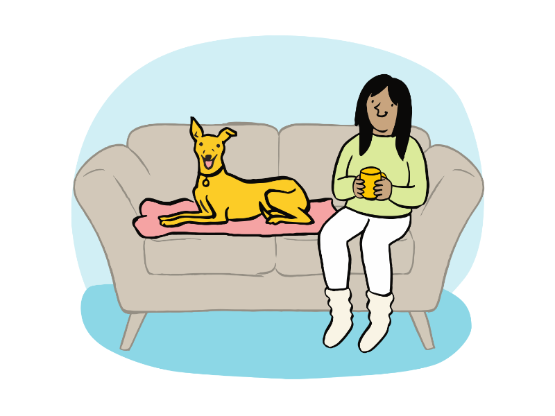 illustration of a woman sitting with a mug in her hand on the sofa next to a yellow greyhound