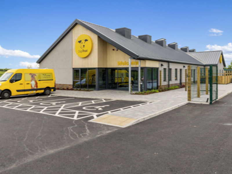 Photo of Ballymena's rehoming centre front building with a yellow branded van in front in the parking lot