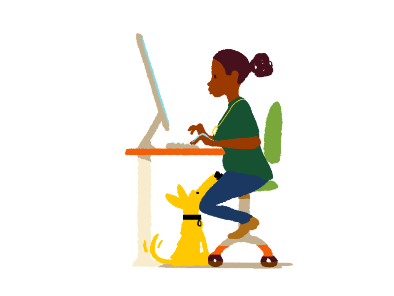illustration of a black woman sitting at her computer desk with a small yellow dog looking up at her