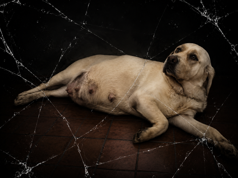 a darkened image of a golden retriever laying down heavily pregnant with cracked glass effect over the picture
