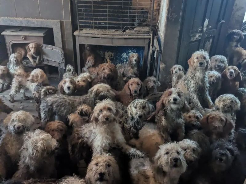 an image of around 50 dirty, matted doodle dogs sat in a dilapidated and dirty living room looking at the camera