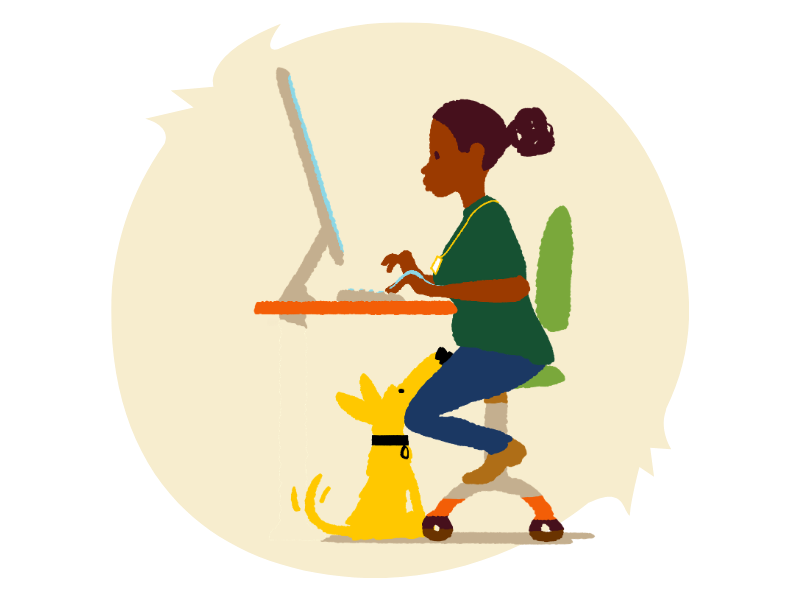 illustration of a black woman at a computer desk sitting with a yellow dog resting its chin on her legs under the desk