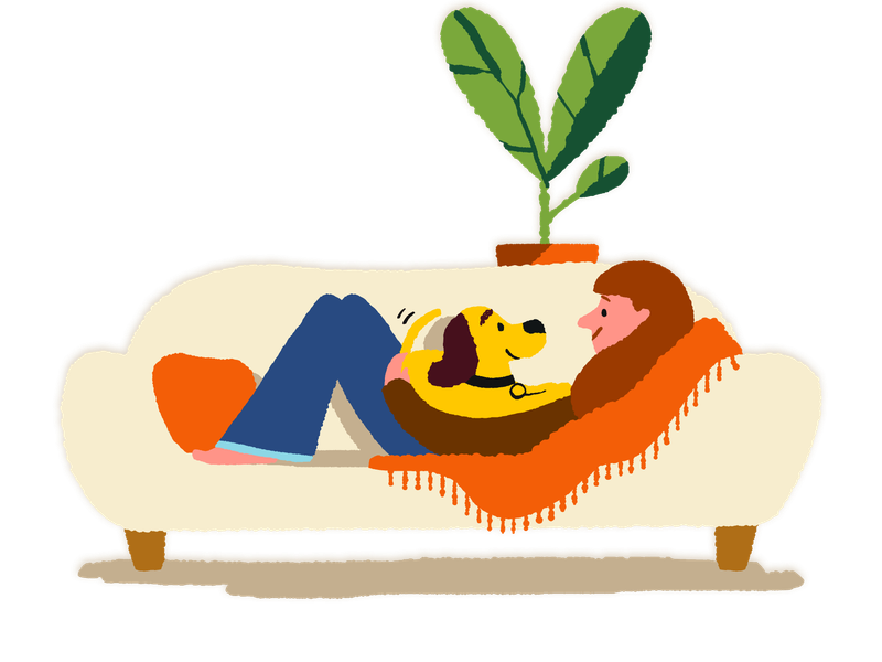 Illustration of a person relaxing with their dog on a sofa