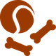 an illustration of a tennis ball and two bones in a reddy brown colour