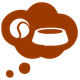 an illustration of a tennis ball and a dog food bowl in a speech bubble in a reddy brown colour