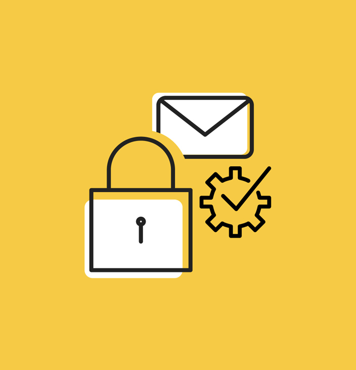 Padlock, email letter and settings cog